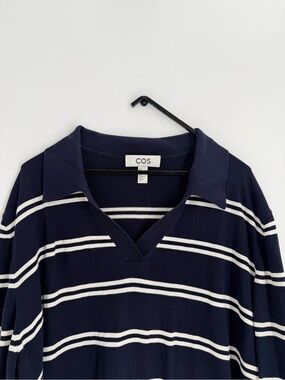 Cos Knitted Silk Blend Polo Collared Striped Long Sleeve Shirt In Navy